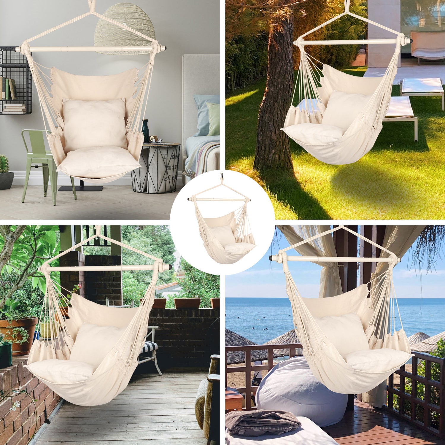 Charted Realms Hanging Hammock Chairs with Cushions, Beige